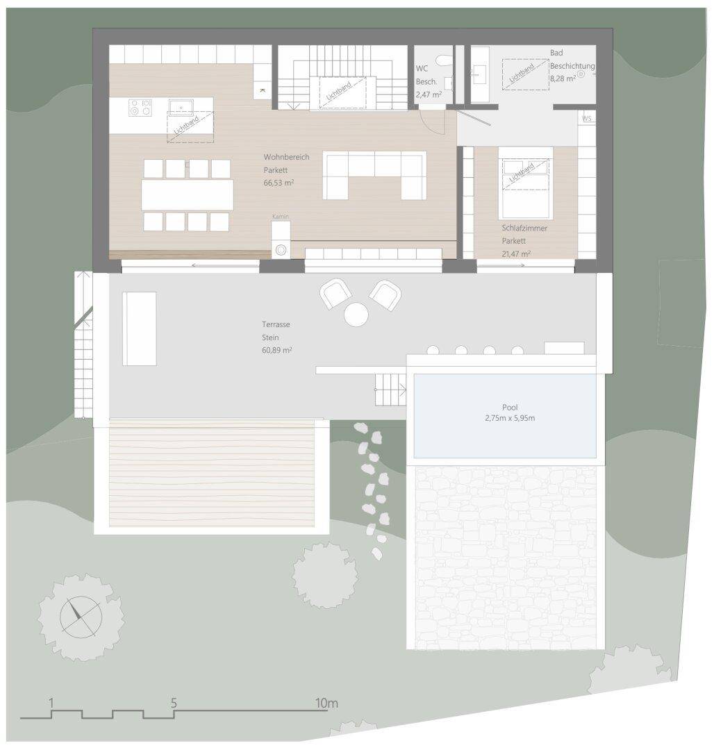Grundriss des Obergeschosses mit Wohnbereich, Küche, Schlafzimmer und Pool.