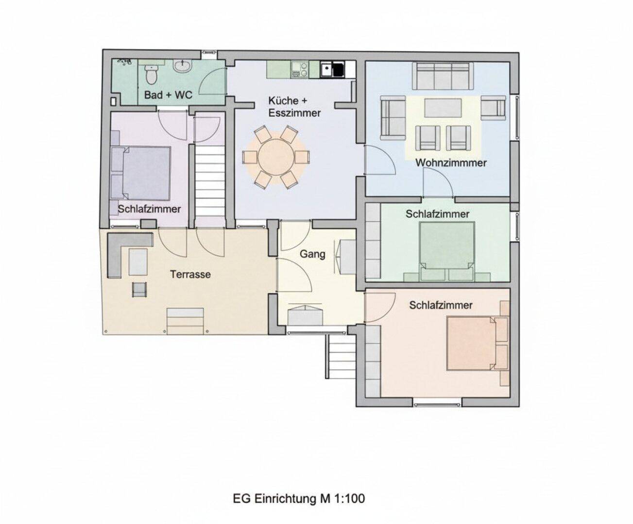 Farbiger Grundriss des Erdgeschosses mit Küche, Esszimmer, Wohnzimmer und drei Schlafzimmern.