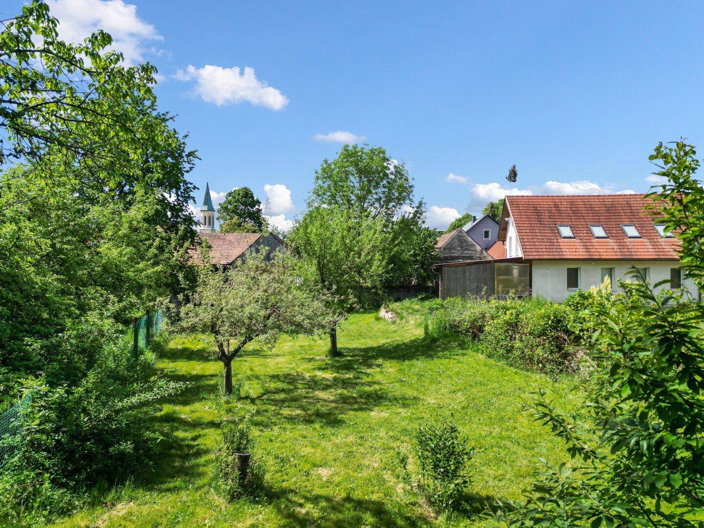 Grüner Gartenbereich mit Bäumen und Rasen, umgeben von weiteren Häusern.