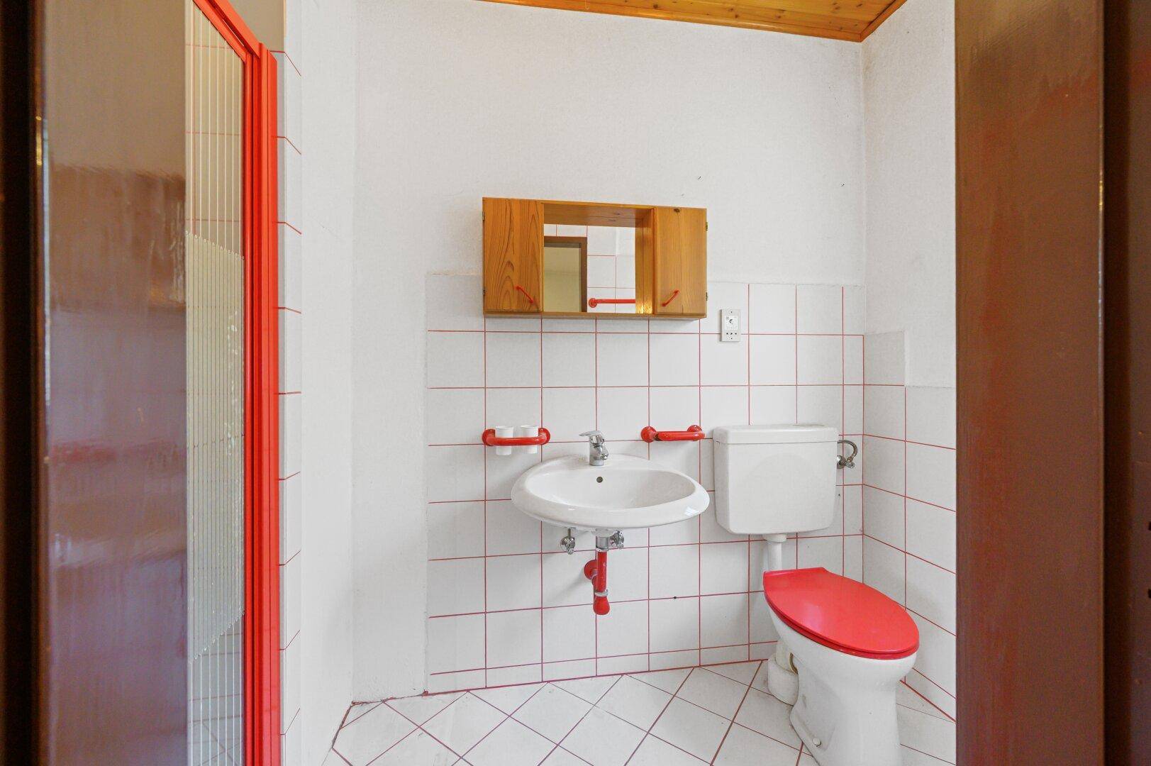 Kleines Badezimmer mit Dusche, Toilette, Waschbecken und roten Akzenten.