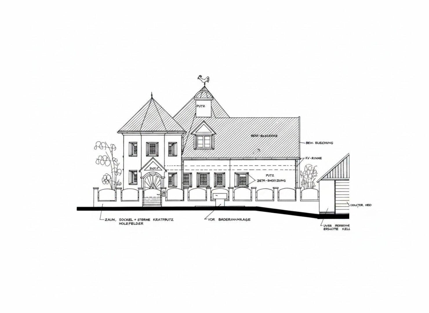 Architektonische Zeichnung der Seitenansicht des Gebäudes mit Details zur Fassade.