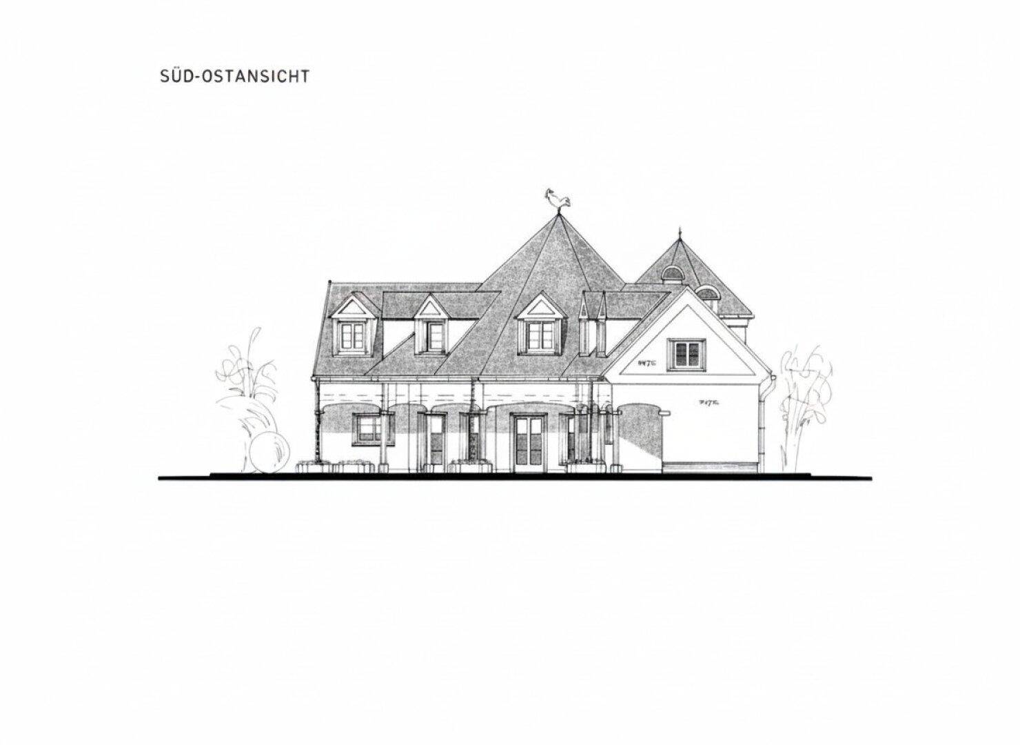Architektonische Zeichnung der Süd-Ost-Ansicht des Gebäudes.