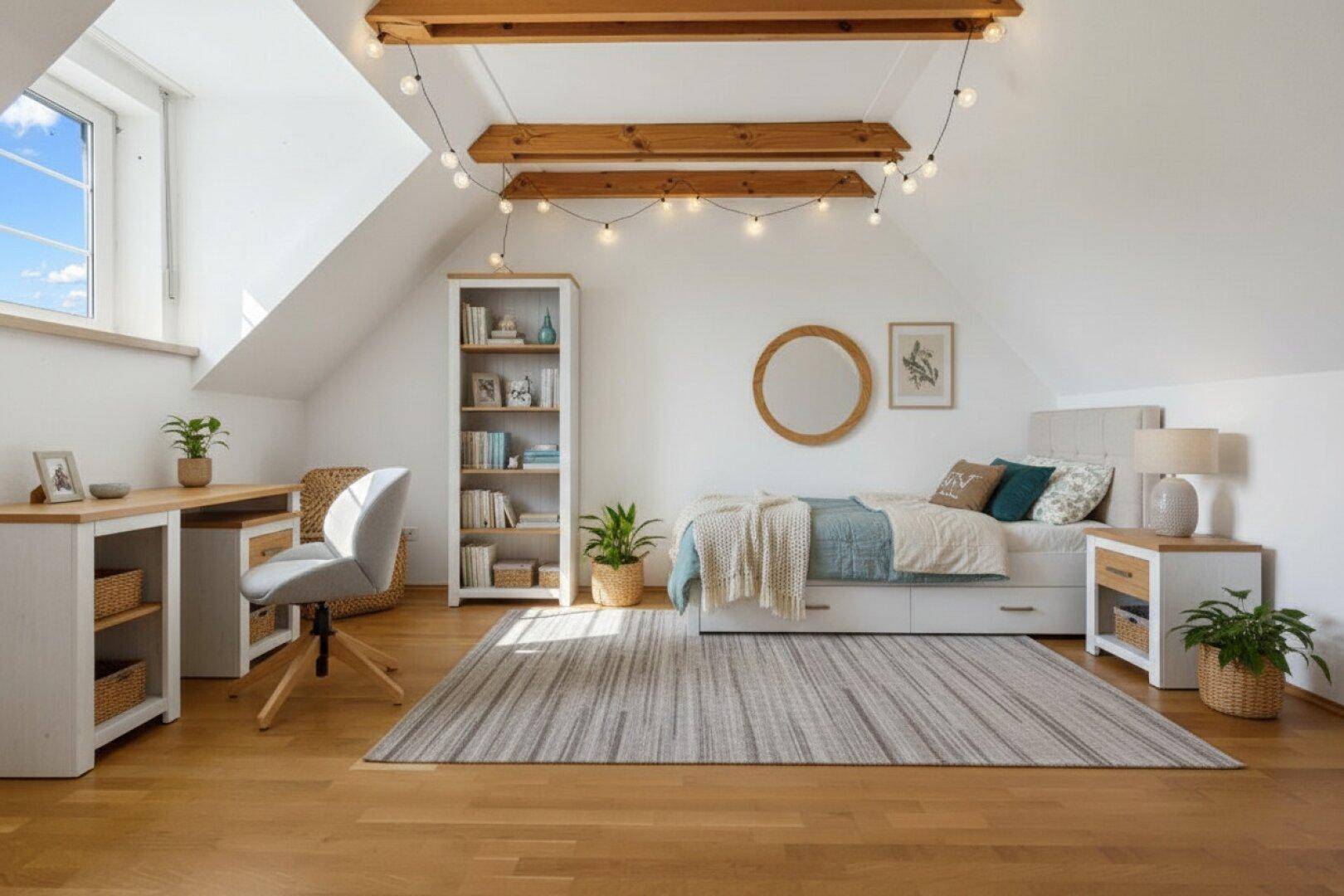 Gemütliches Schlafzimmer mit Holzboden, schräger Decke, sichtbaren Balken und Lichterkette.