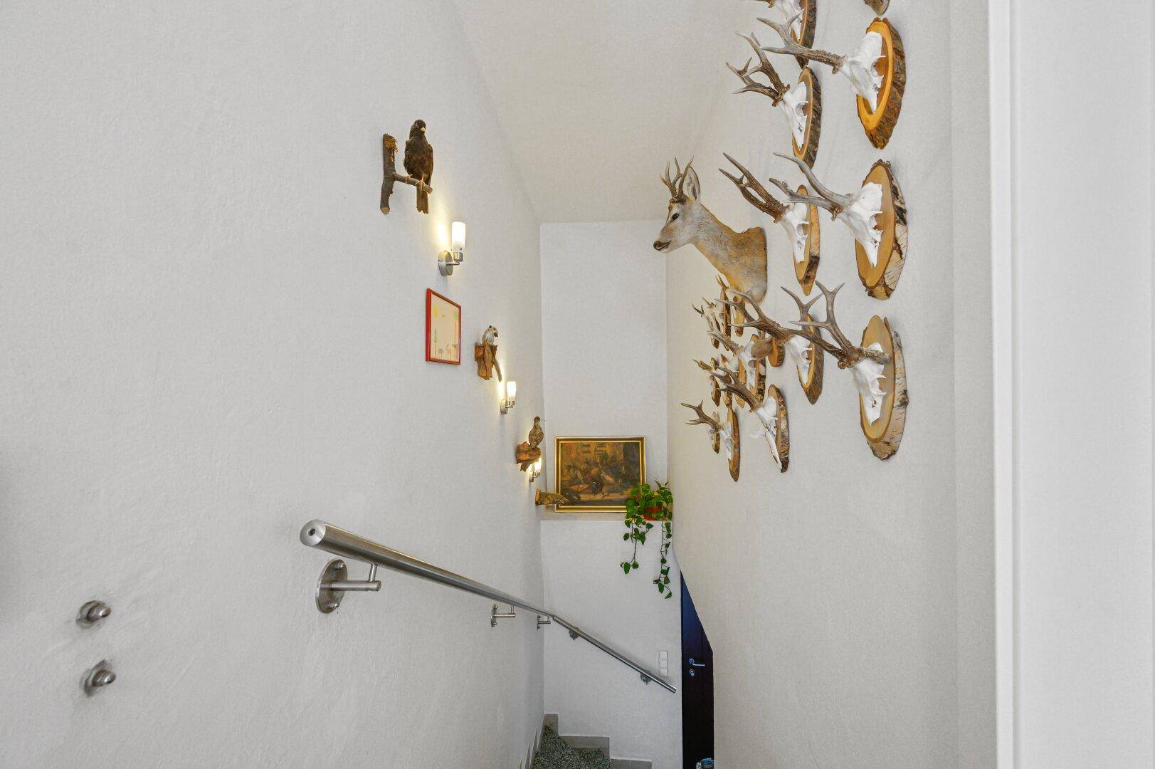 Treppenhaus mit Jagdtrophäen an der Wand und einem Handlauf für Sicherheit.