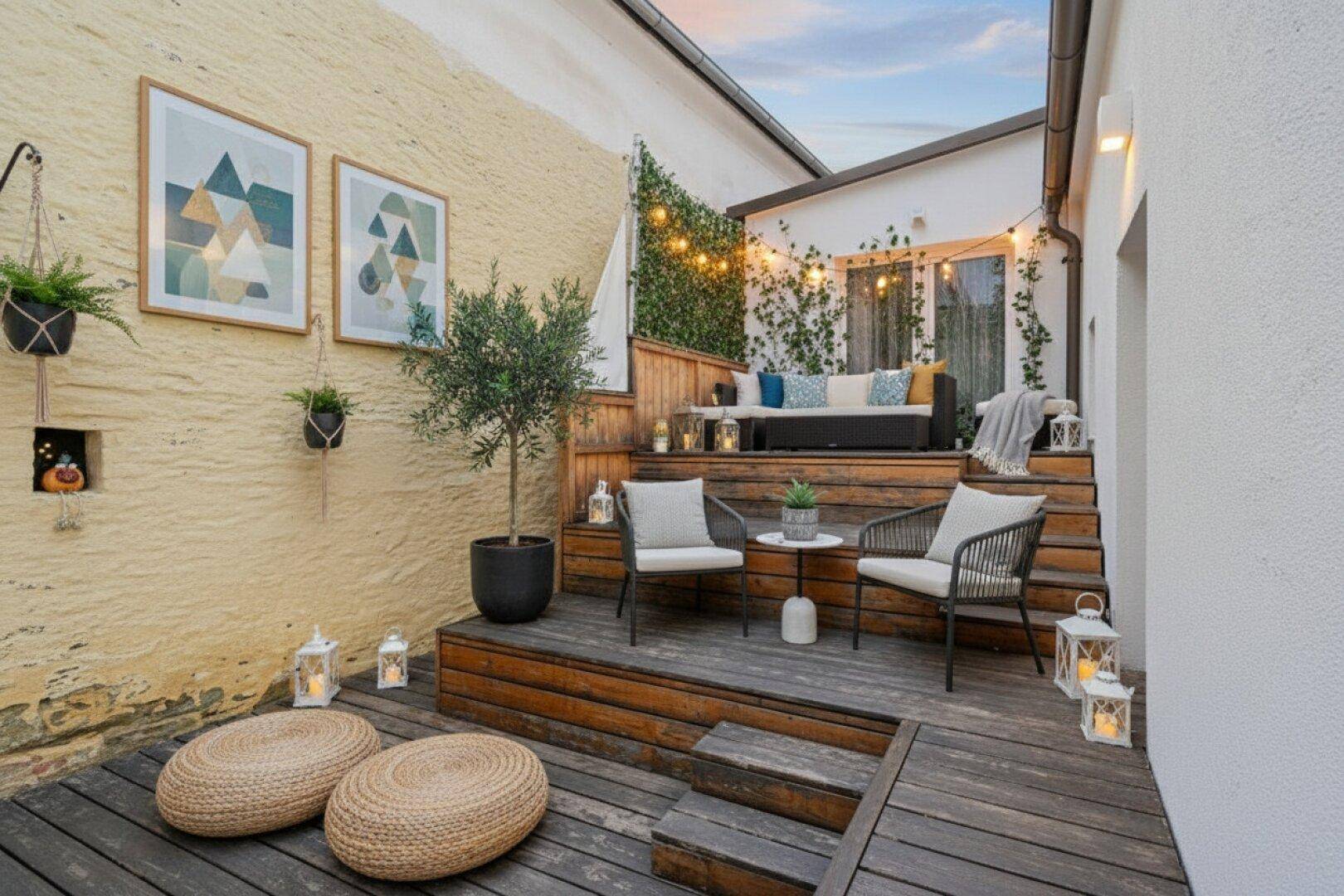 Gestaffelte Holzterrasse mit Lounge-Möbeln, Dekoration und stimmungsvoller Beleuchtung.