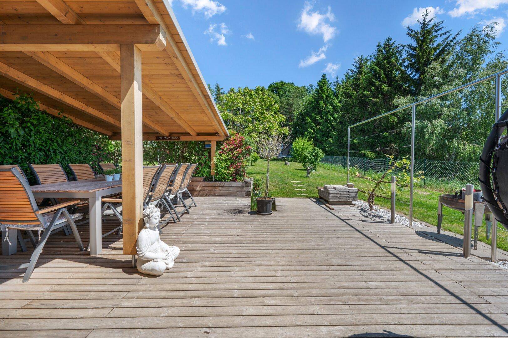 Weitläufige Holzterrasse mit überdachtem Essbereich und angrenzendem Garten mit Bäumen und Grünflächen.