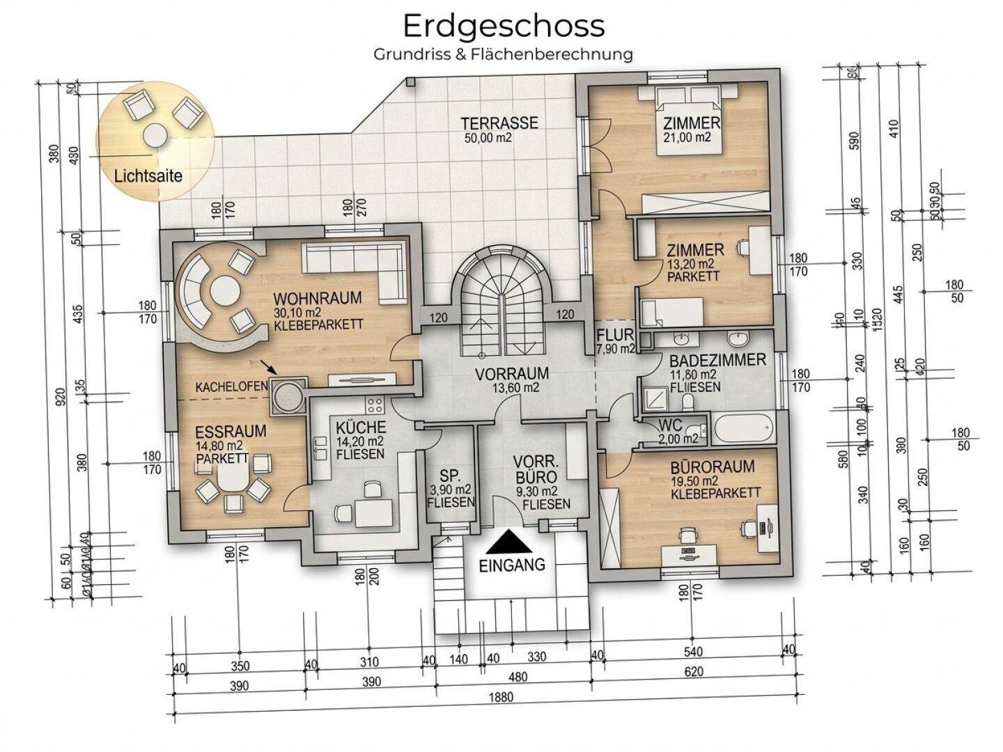 Grundriss des Erdgeschosses mit Wohnraum, Küche, Esszimmer, Terrasse und mehreren Zimmern.