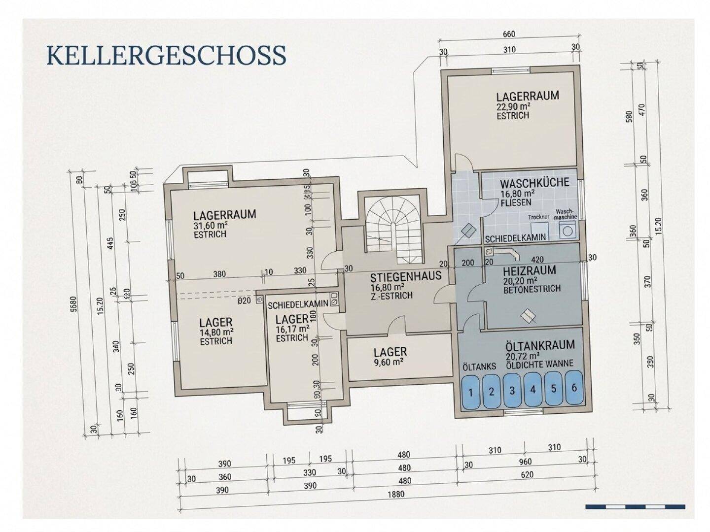 Grundriss des Kellergeschosses mit mehreren Lagerräumen, Waschküche und Heizraum.