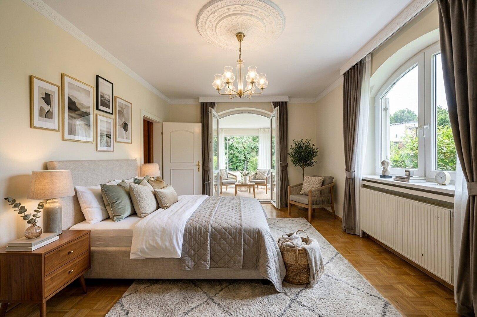 Helles Schlafzimmer mit Parkettboden, Stuckdecke und Zugang zu einem Wintergarten oder Balkon.