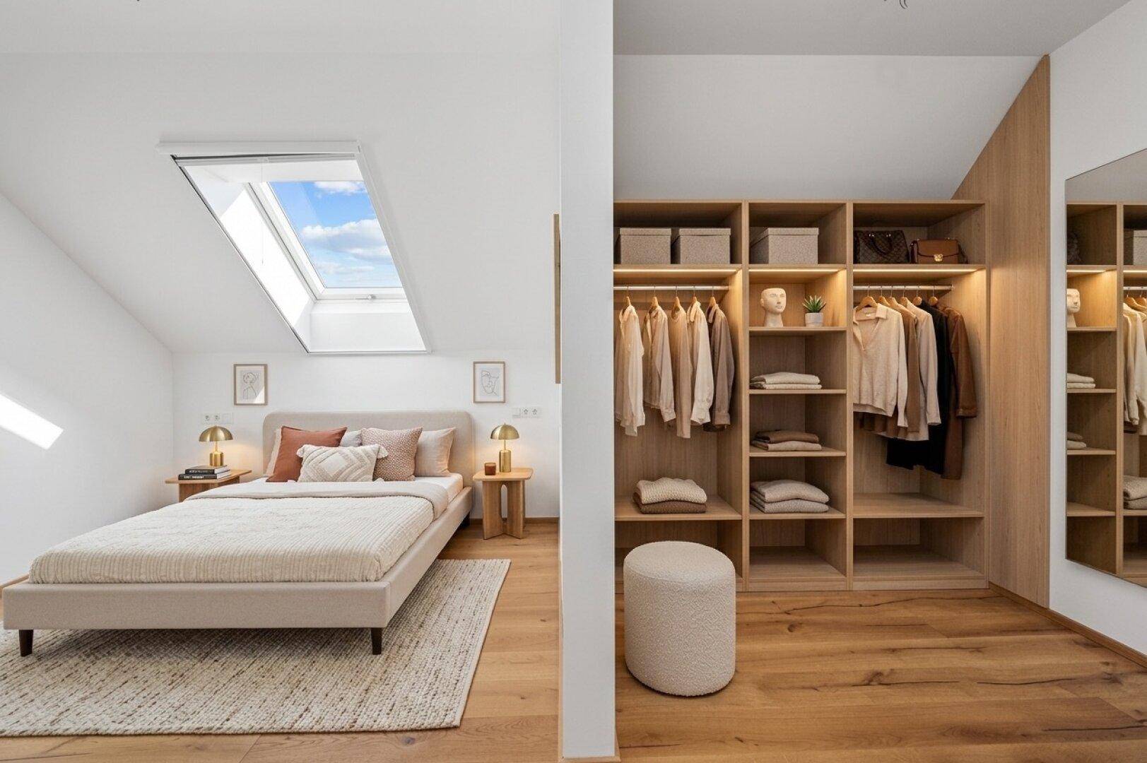 Gemütliches Schlafzimmer mit Holzboden, Dachfenster und integriertem begehbarem Kleiderschrank.
