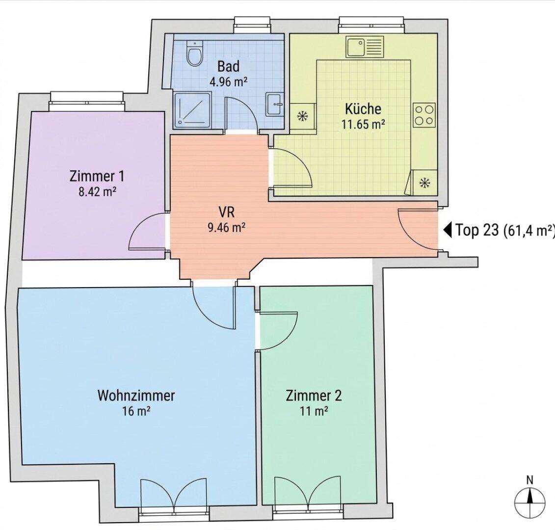 Grundriss der Wohnung Top 23 mit drei Zimmern, Küche und Bad auf insgesamt 61,4 m² Wohnfläche.