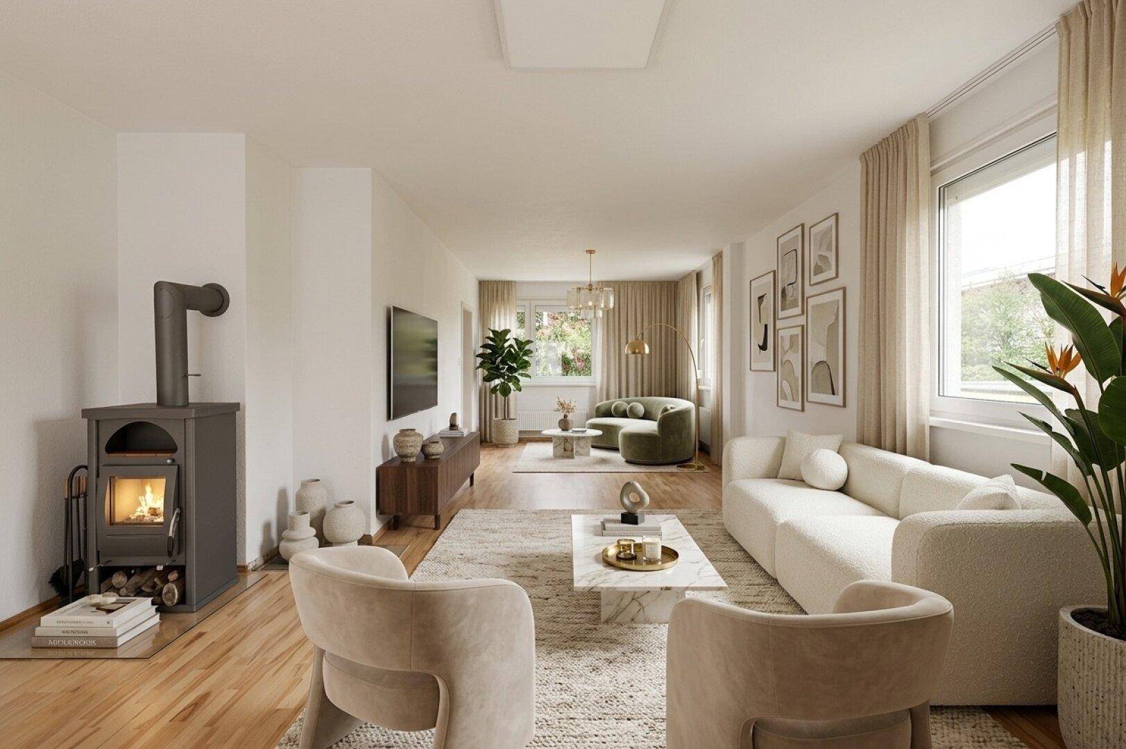 Modernes Wohnzimmer mit Kaminofen, hellen Möbeln und großen Fenstern für viel Licht.