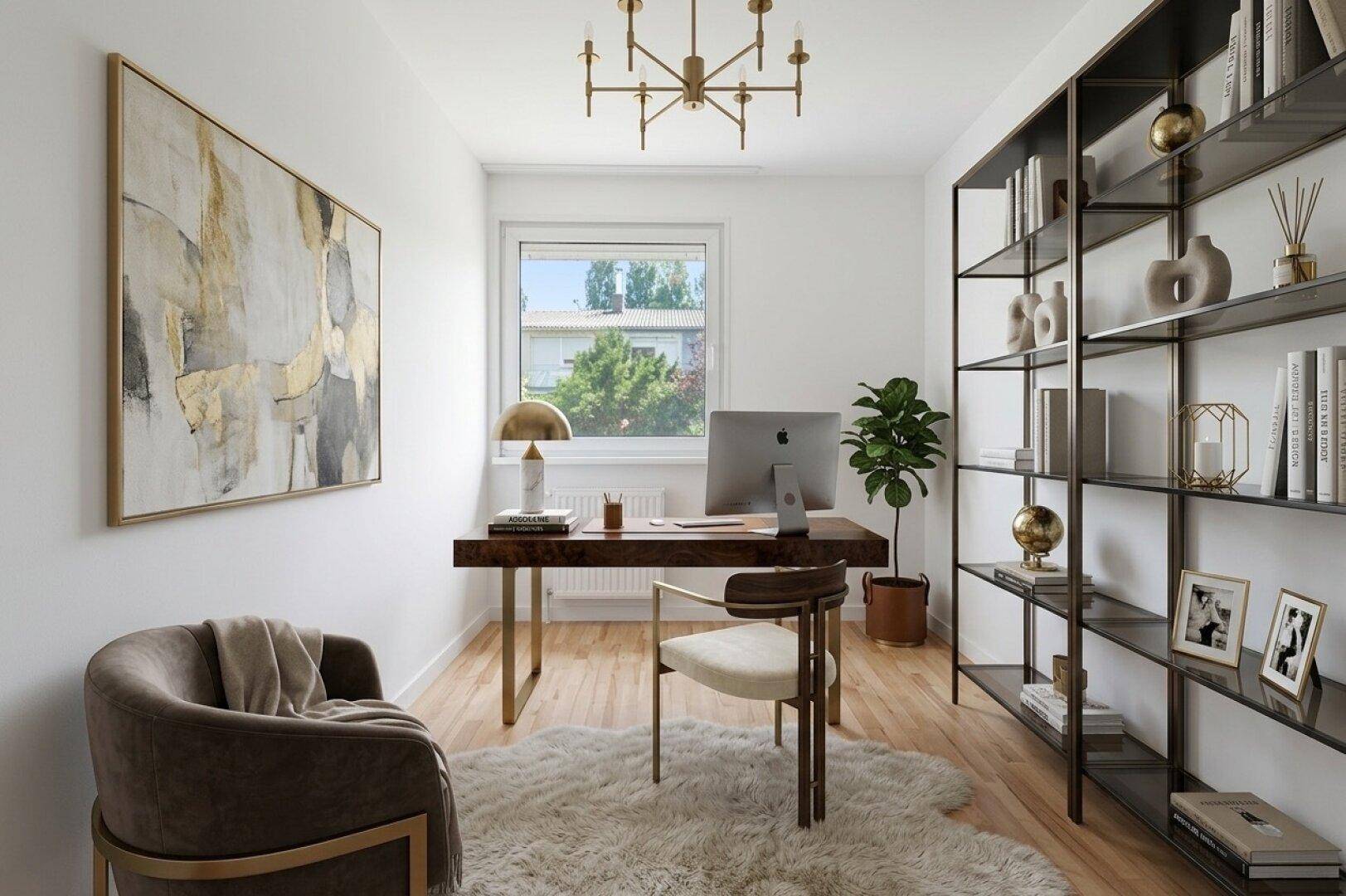 Stilvolles Arbeitszimmer mit Holzboden, großem Fenster und moderner Einrichtung.