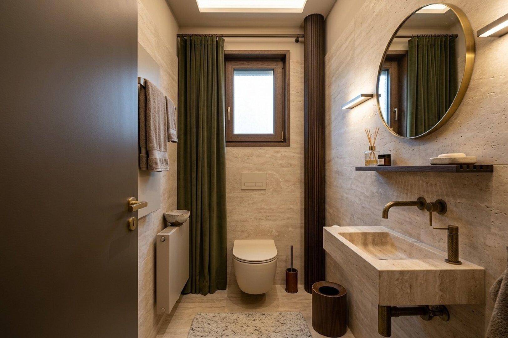 Modernes Gäste-WC mit stilvollem Waschtisch, Wand-WC und Fenster.