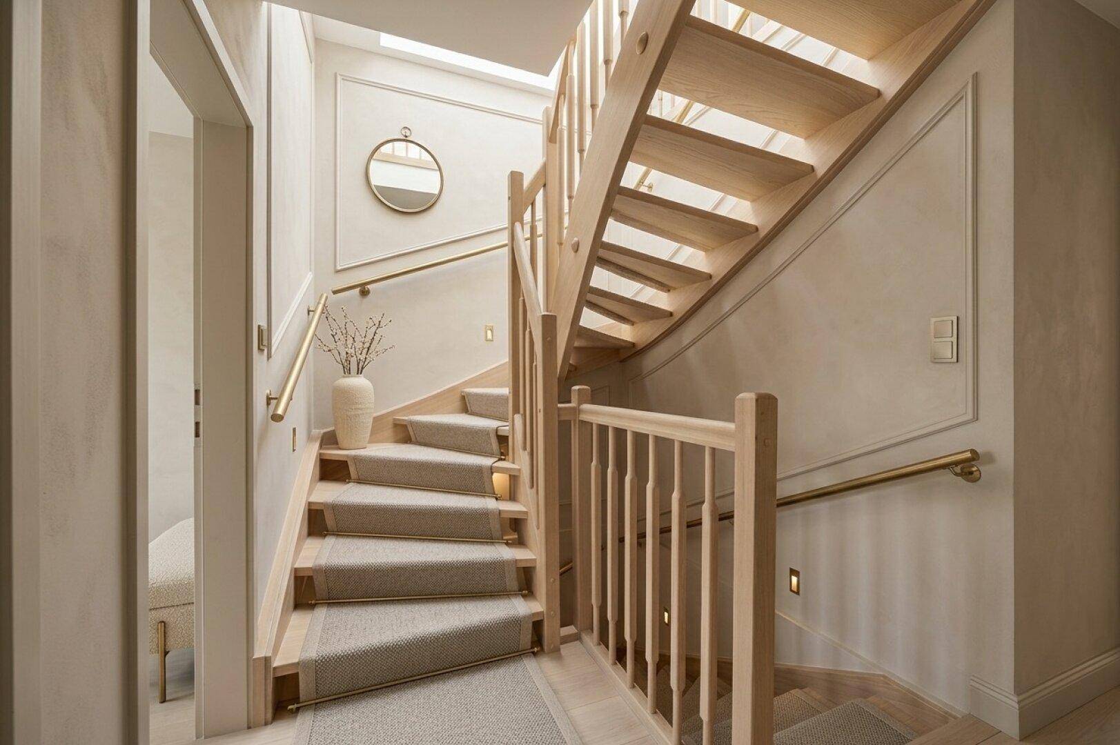 Elegantes Treppenhaus mit Holzstufen, Teppichläufer und indirekter Beleuchtung.