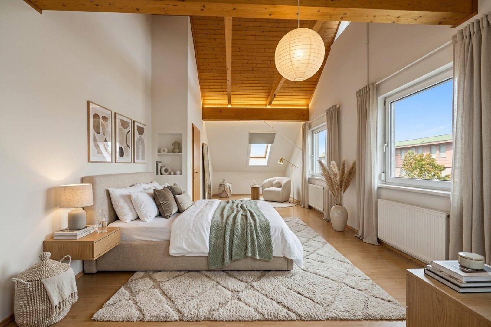 Gemütliches Schlafzimmer mit Holzbalkendecke, großem Fenster, Dachschräge und modernem Teppichboden.