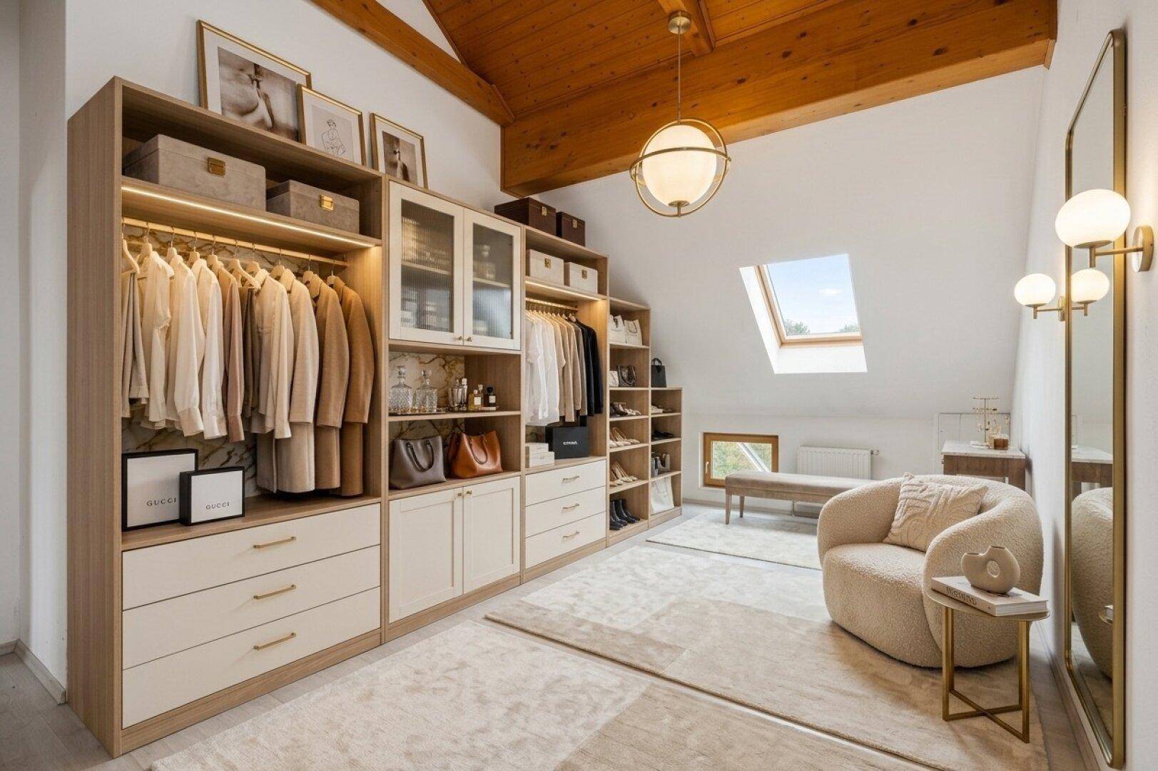 Geräumiger begehbarer Kleiderschrank mit maßgefertigten Einbauschränken, Dachschräge und Oberlicht.