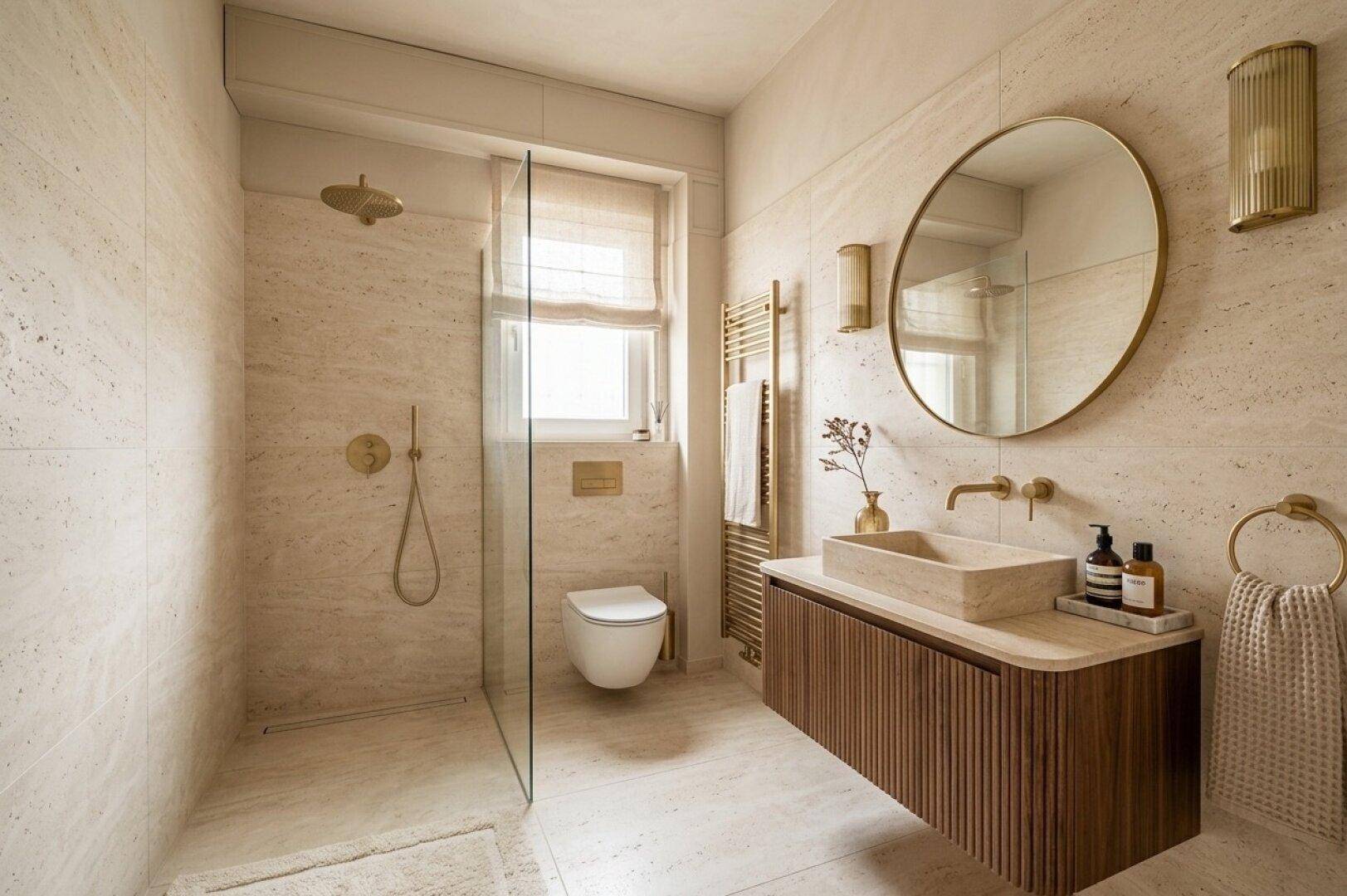 Modernes Badezimmer mit beigefarbenen Fliesen, ebenerdiger Dusche und eleganten goldenen Armaturen.