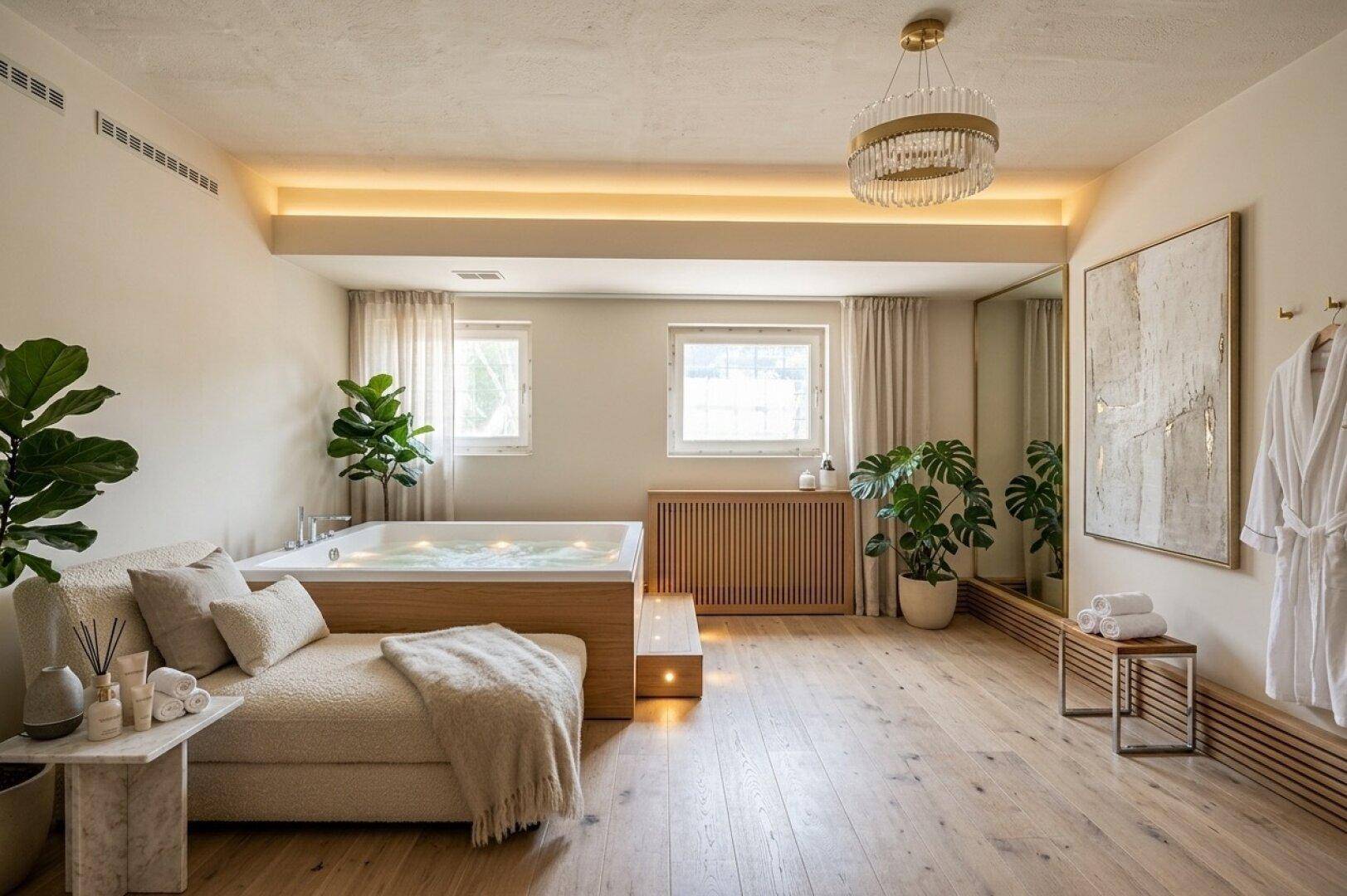 Luxuriöser Wellnessbereich mit großem Whirlpool, Holzboden und gemütlicher Liegefläche.