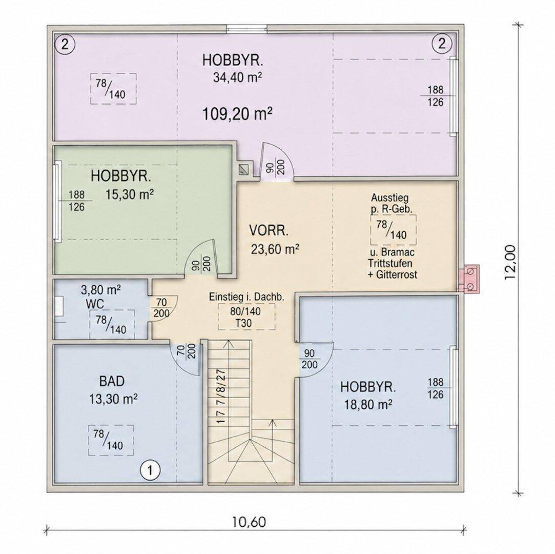 Grundriss des Obergeschosses mit Hobbyräumen, Badezimmer, WC und Zugang zum Dach.