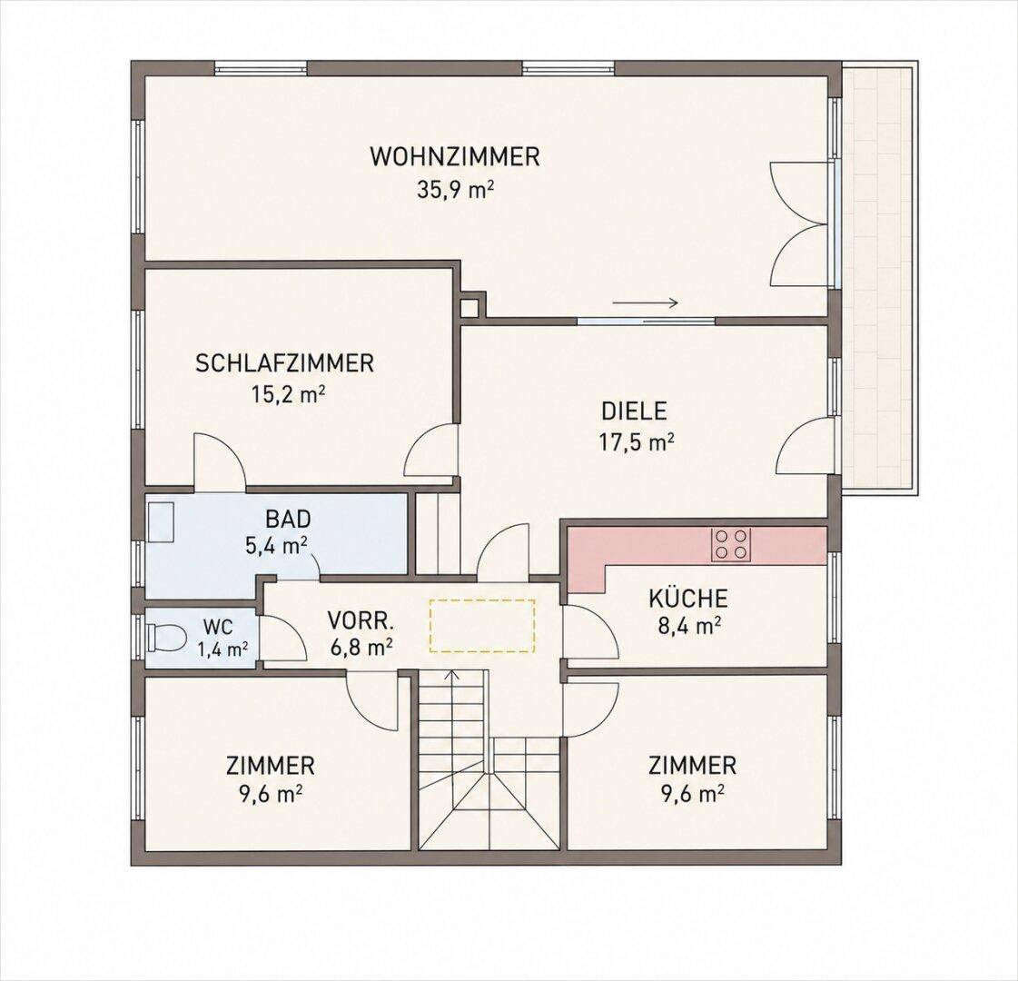 Grundriss des Hauptgeschosses mit Wohnzimmer, Schlafzimmer, Küche, Bad und separatem WC.