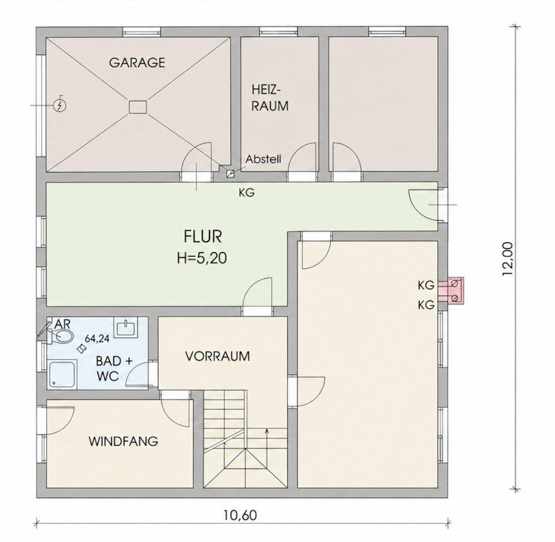 Grundriss des Kellergeschosses mit Garage, Heizraum, Abstellraum und Badezimmer.