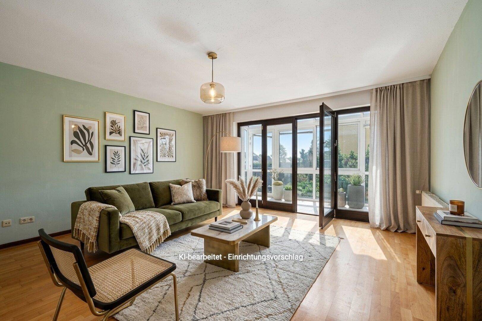 Helles Wohnzimmer mit modernem Einrichtungsstil, Parkettboden und Zugang zu einem Außenbereich.