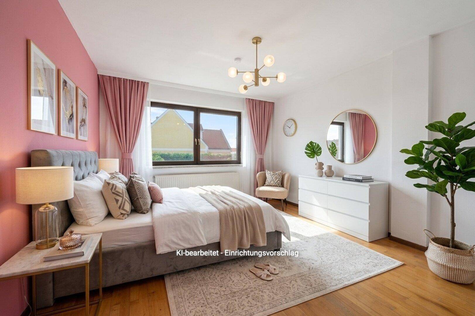 Modernes Schlafzimmer mit rosa Akzentwand, Parkettboden und großem Fenster für viel Licht.