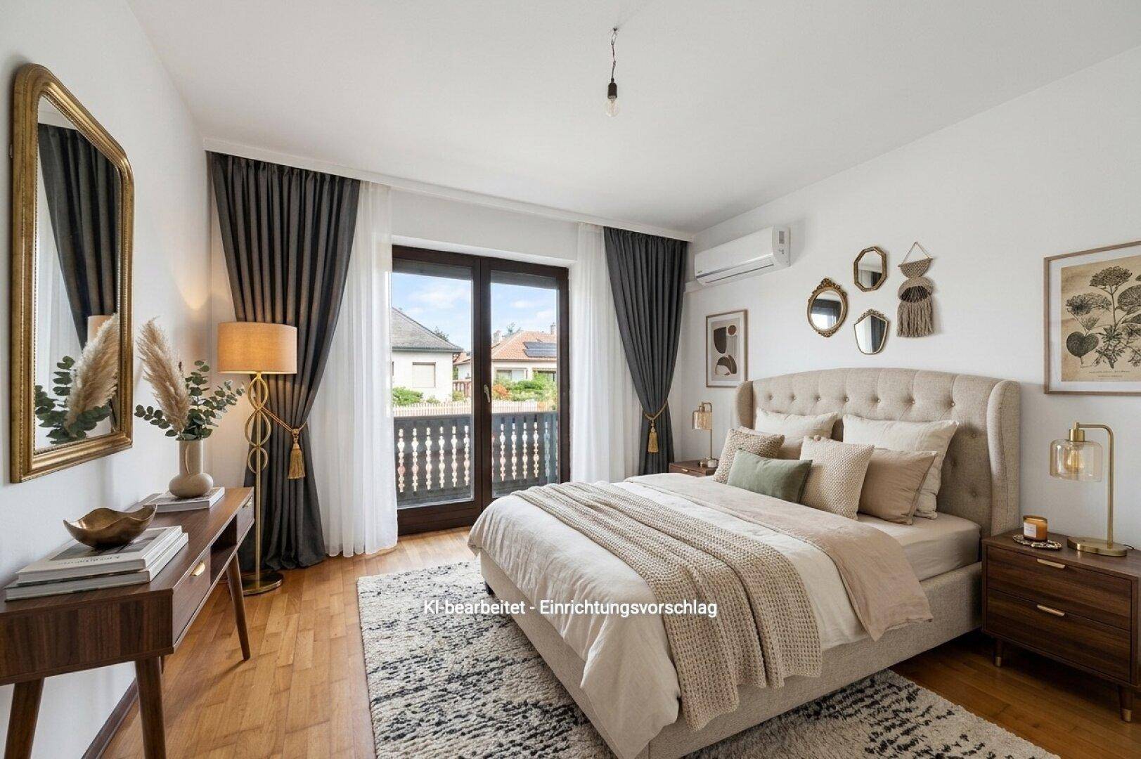 Helles Schlafzimmer mit modernem Bett, Parkettboden und direktem Zugang zum Balkon.