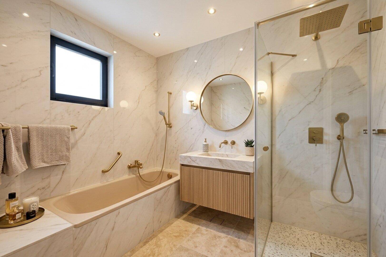 Modernes Badezimmer mit Marmorfliesen, goldenen Armaturen, Badewanne und begehbarer Dusche.