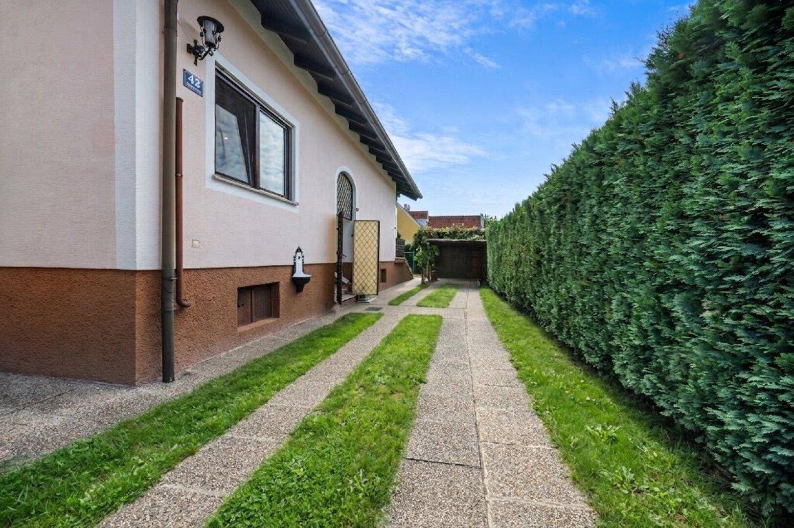 Gepflasterte Einfahrt neben dem Haus, gesäumt von einer hohen Hecke.