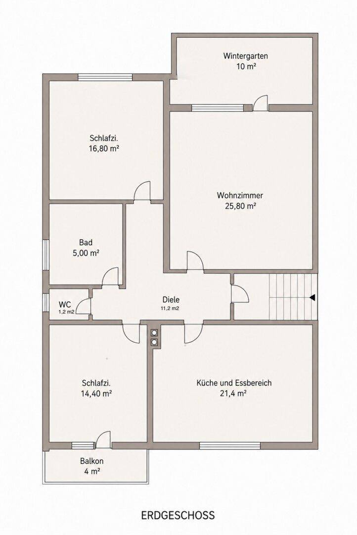 Grundriss des Erdgeschosses mit Wohnzimmer, Küche, Wintergarten und Balkon.