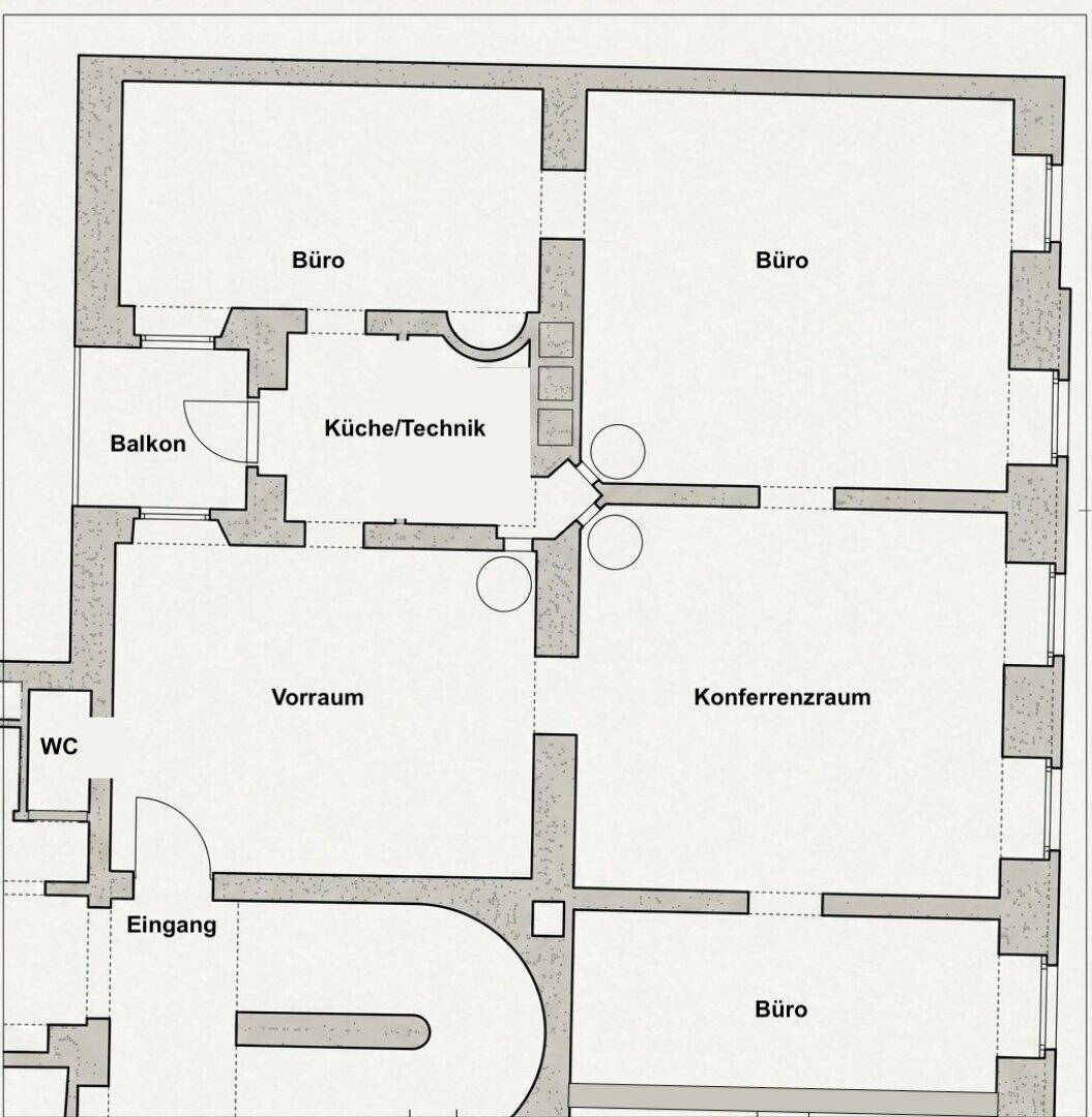 Grundrissplan einer Etage mit mehreren Büroräumen, Küche und Balkon.