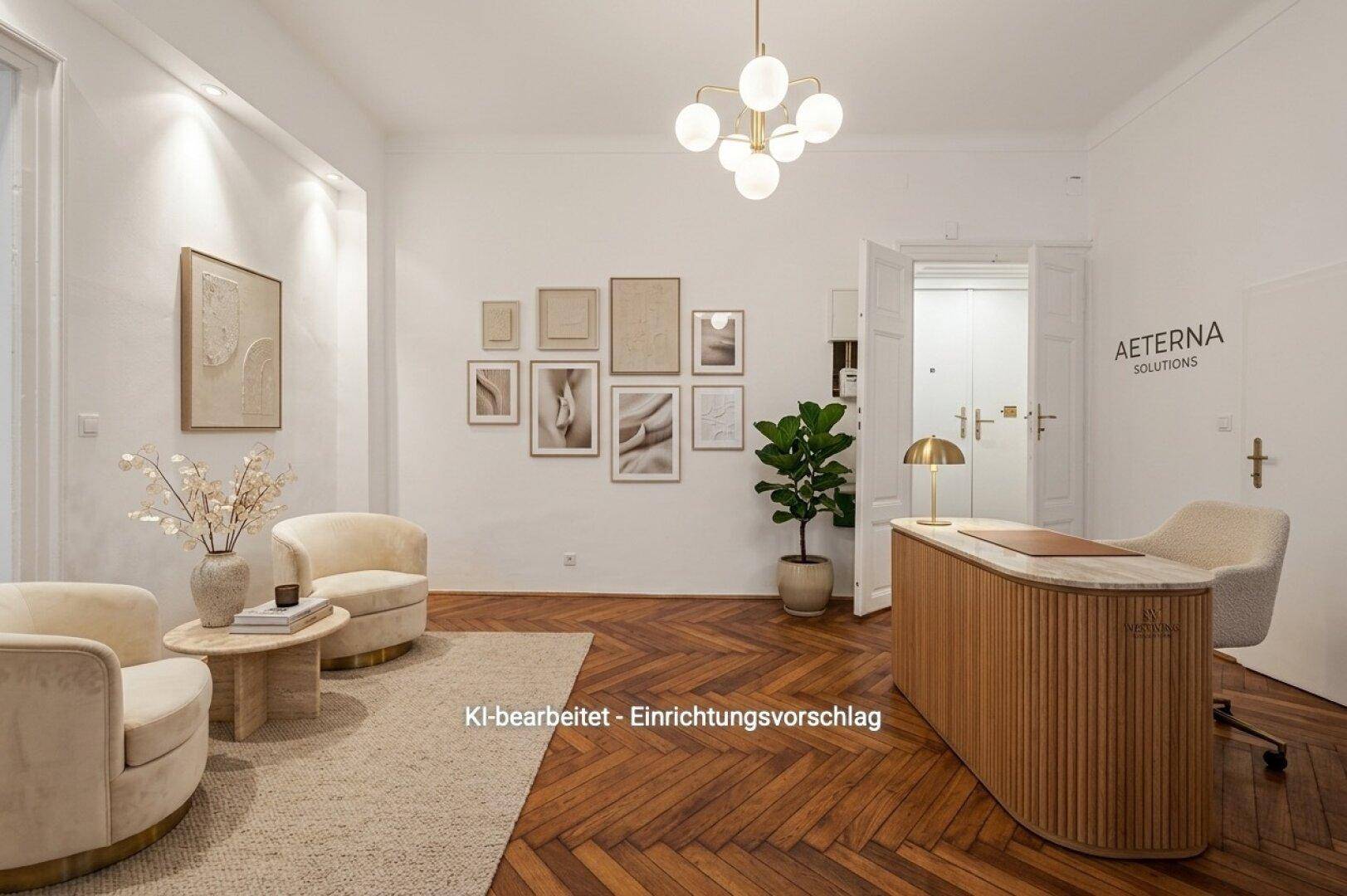 Moderner Empfangsbereich mit elegantem Tresen, bequemen Sesseln und Kunst an der Wand, virtuell gestaltet.