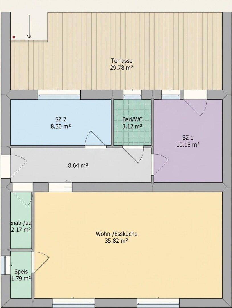 Grundriss des Erdgeschosses mit Wohn-/Essküche, zwei Schlafzimmern und Terrasse.