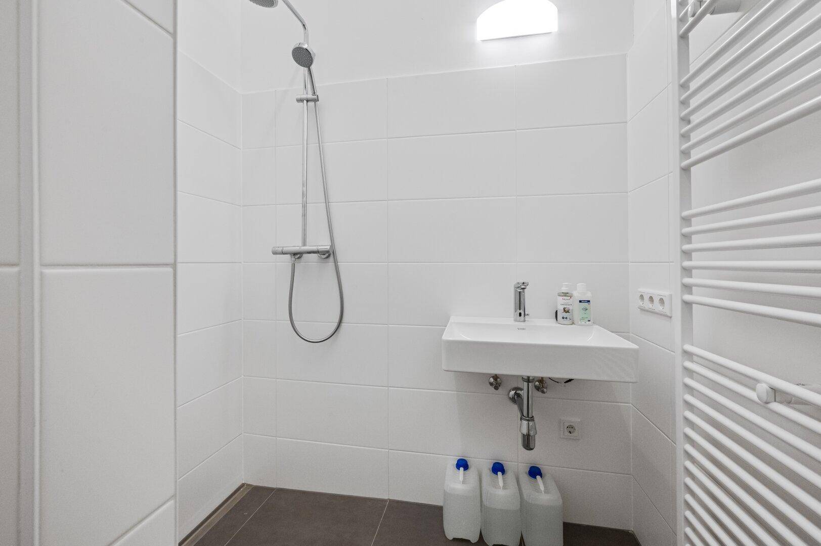 Modernes Badezimmer mit Dusche, Waschbecken und beheiztem Handtuchhalter, in hellen Farben gehalten.
