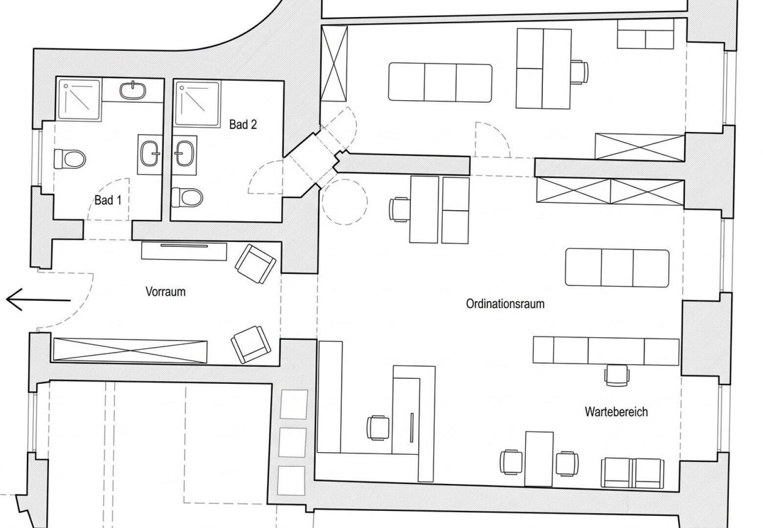 Grundrissplan einer Praxisfläche mit zwei Bädern, Ordinationsraum und Wartebereich.