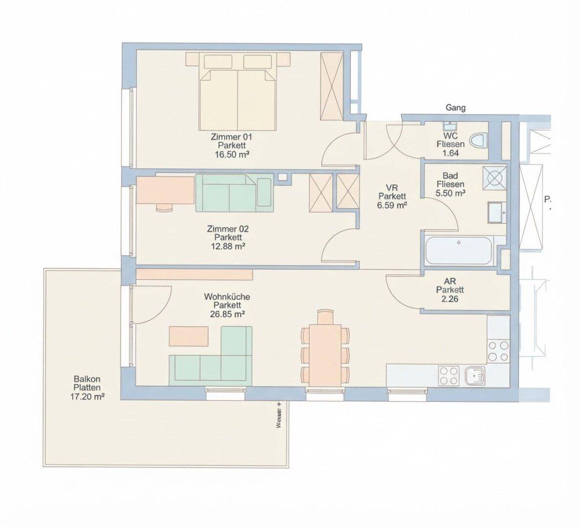 Grundriss der Wohnung mit drei Zimmern, Wohnküche und großem Balkon.