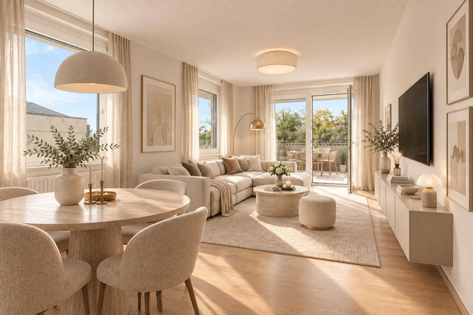 Modern eingerichteter Wohn-Essbereich mit hellem Parkettboden und Zugang zur Terrasse.