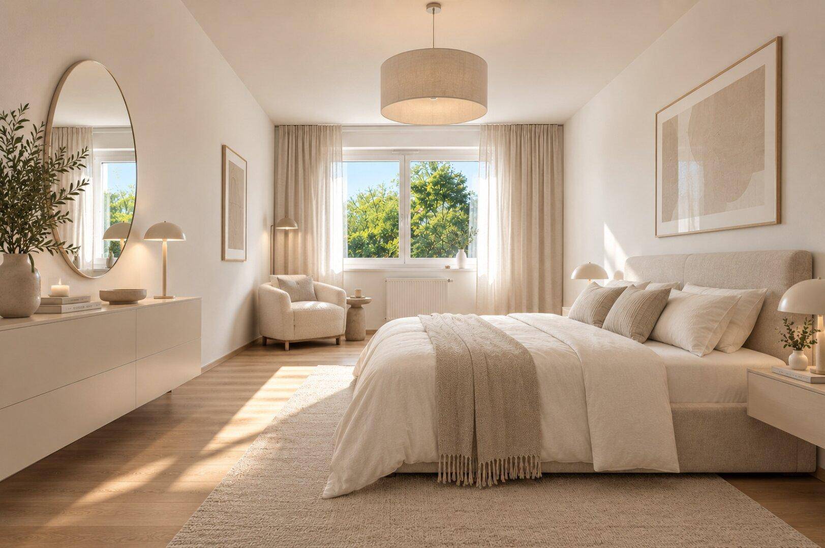Gemütliches Schlafzimmer mit hellem Parkettboden, großem Fenster und moderner Einrichtung.