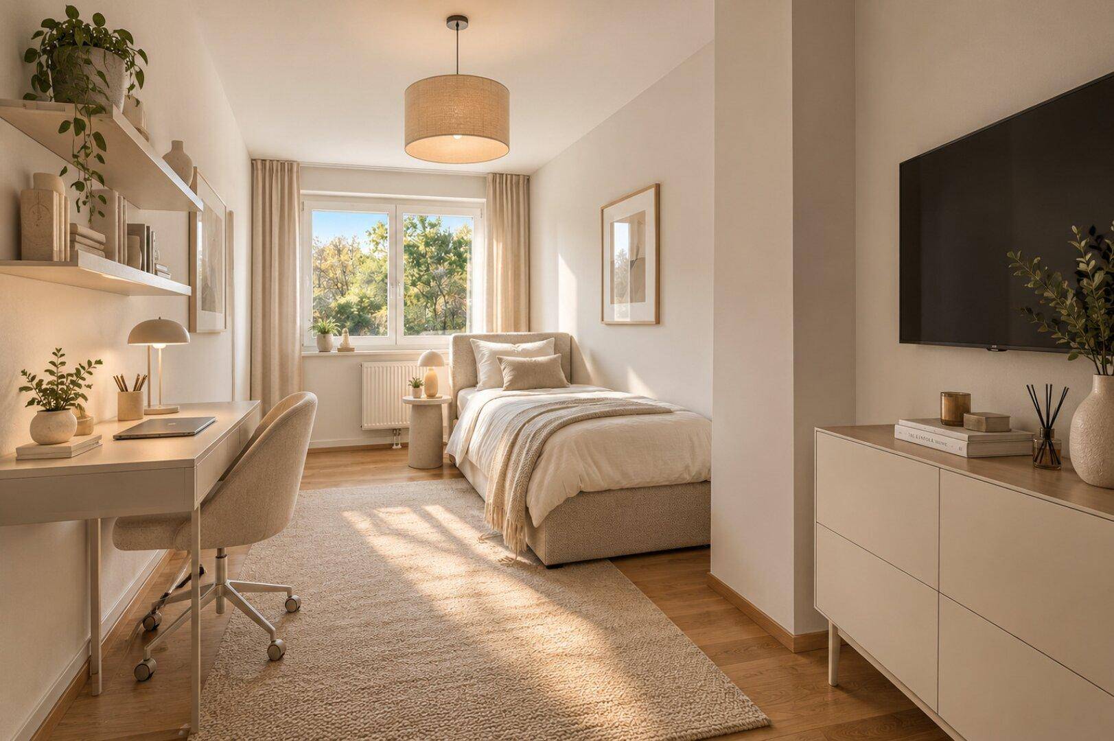 Helles Zimmer mit Parkettboden, Schreibtisch und Einzelbett, ideal als Gäste- oder Arbeitszimmer.