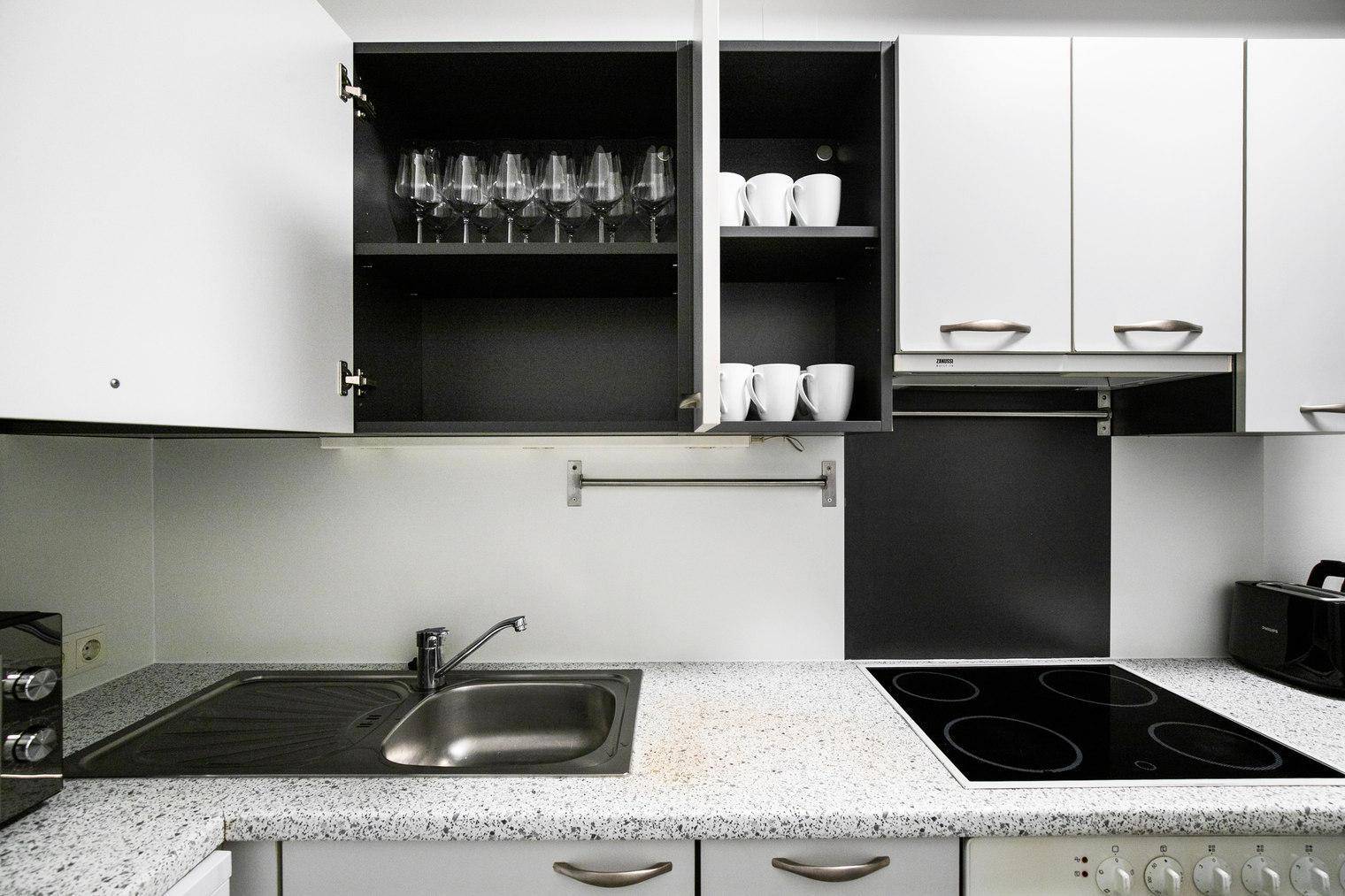 Küchenzeile mit Spüle, Induktionskochfeld und Stauraum in den Oberschränken.