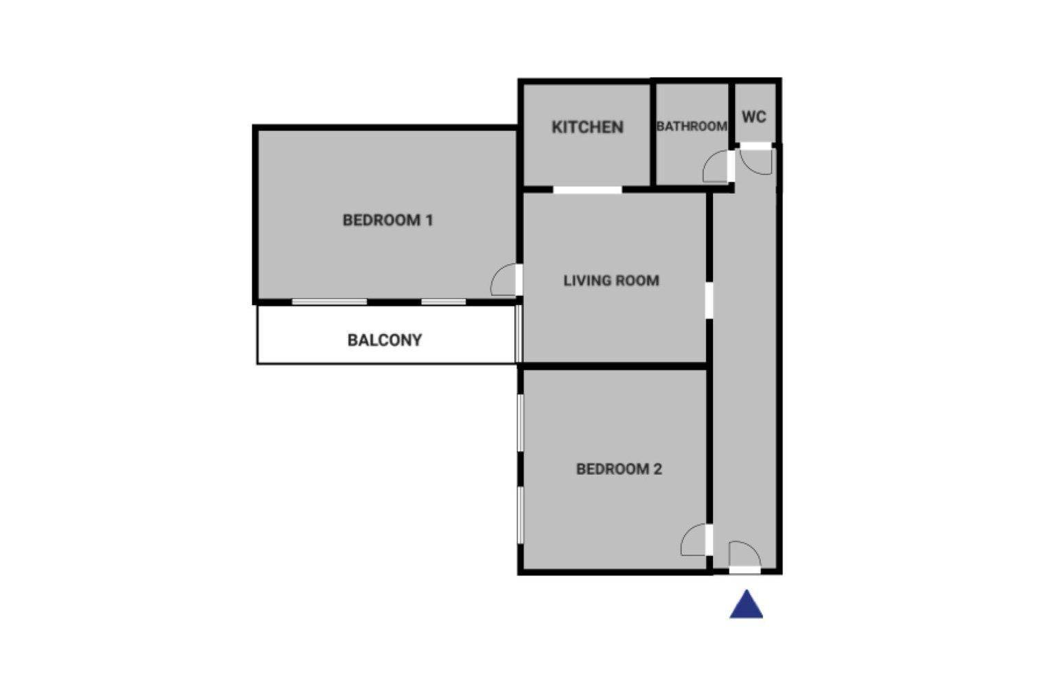 Grundriss einer Wohnung mit zwei Schlafzimmern, Wohnzimmer, Küche und Balkon.