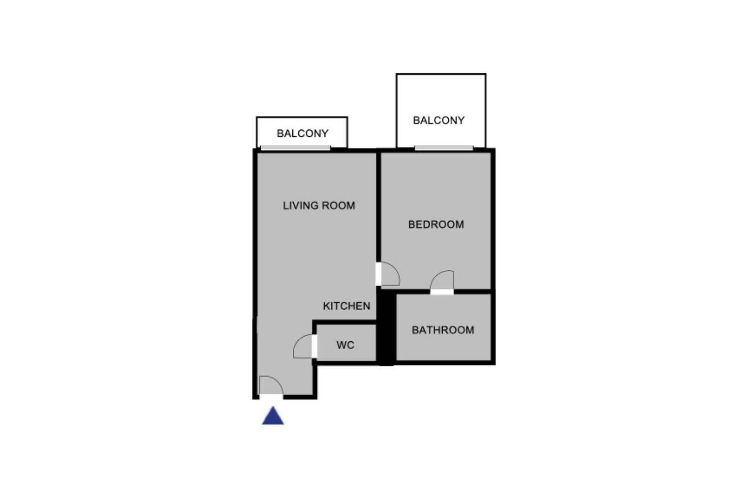 Grundriss einer Wohnung mit Wohnzimmer, Schlafzimmer, Küche, Bad und zwei Balkonen.