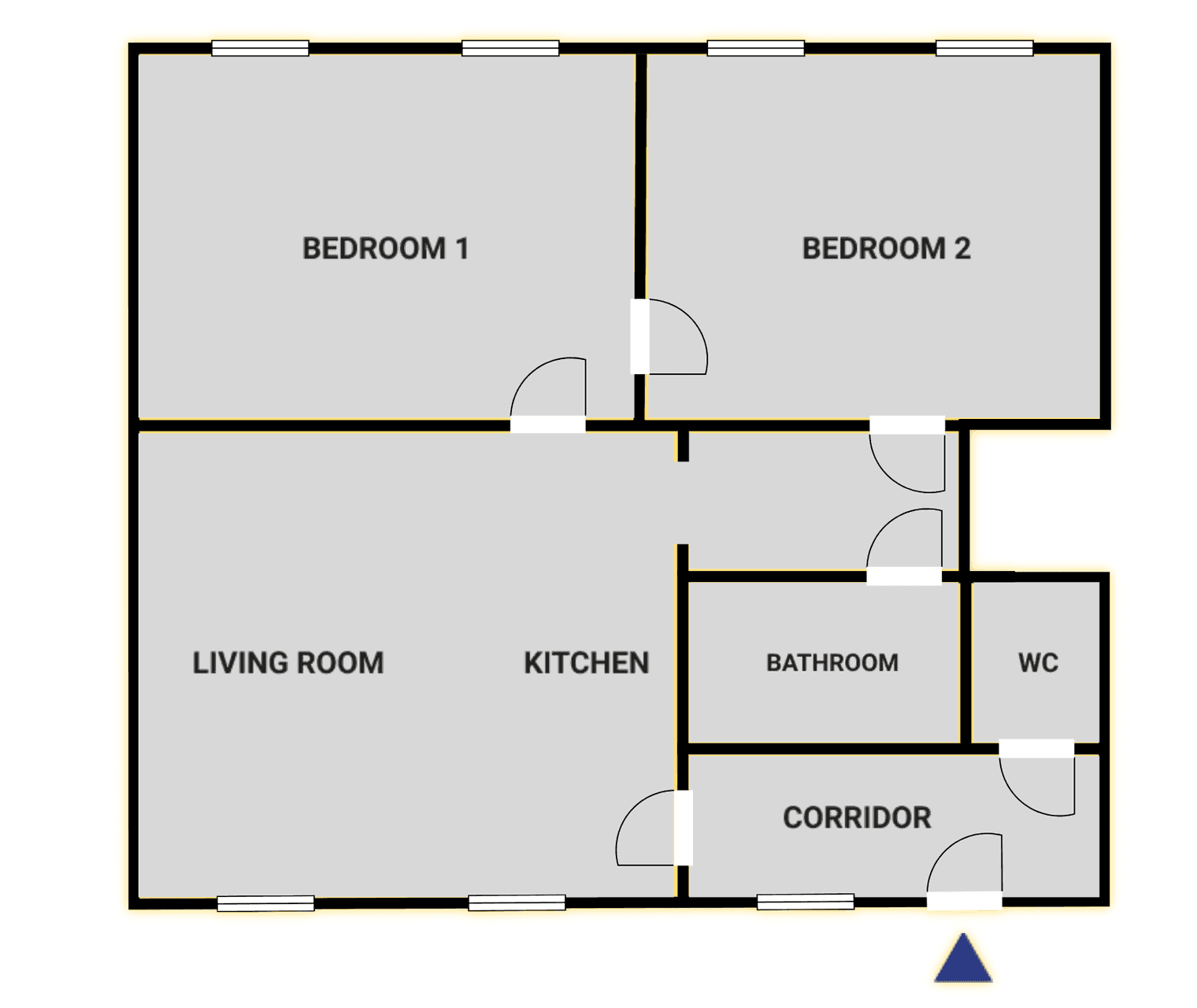 Grundriss der Wohnung mit zwei Schlafzimmern, Wohnzimmer, Küche und Bad.