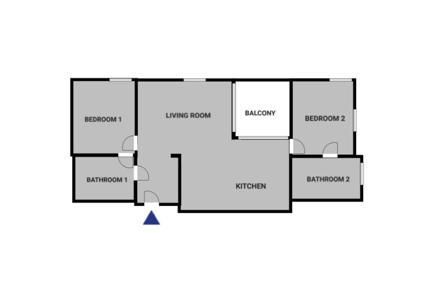Grundriss einer Wohnung mit zwei Schlafzimmern, zwei Bädern und Balkon.