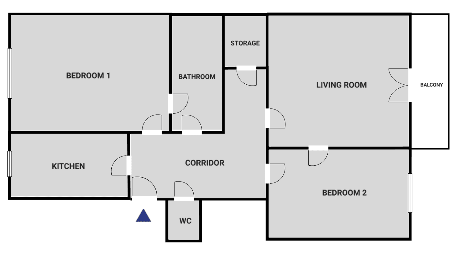Grundriss der Wohnung mit zwei Schlafzimmern, Wohnzimmer, Küche und Balkon.