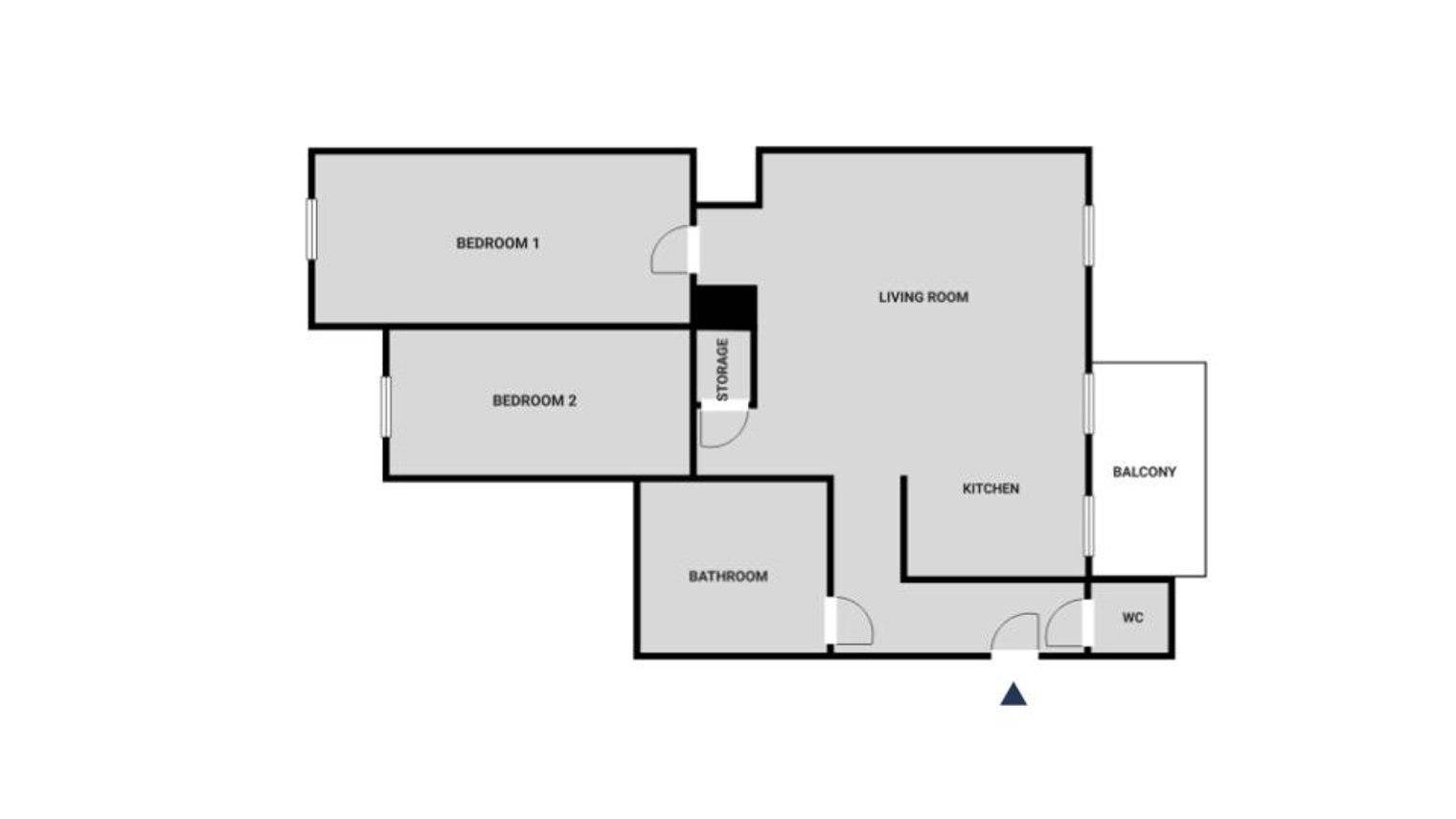 Grundriss der Wohnung mit zwei Schlafzimmern, Wohnzimmer, Küche, Bad und Balkon.