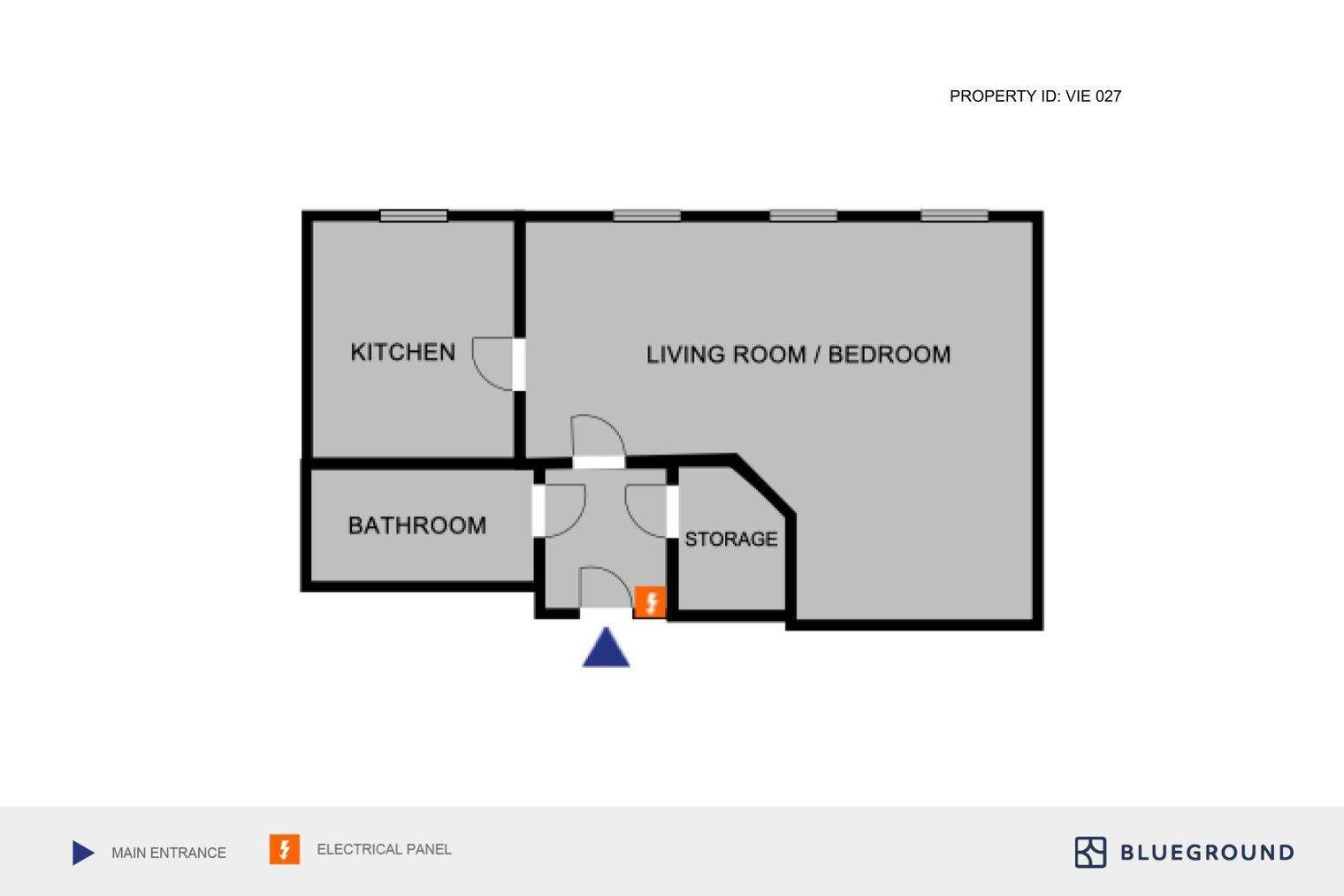 Grundriss der Wohnung mit Küche, Bad, Wohn-/Schlafzimmer und Abstellraum.