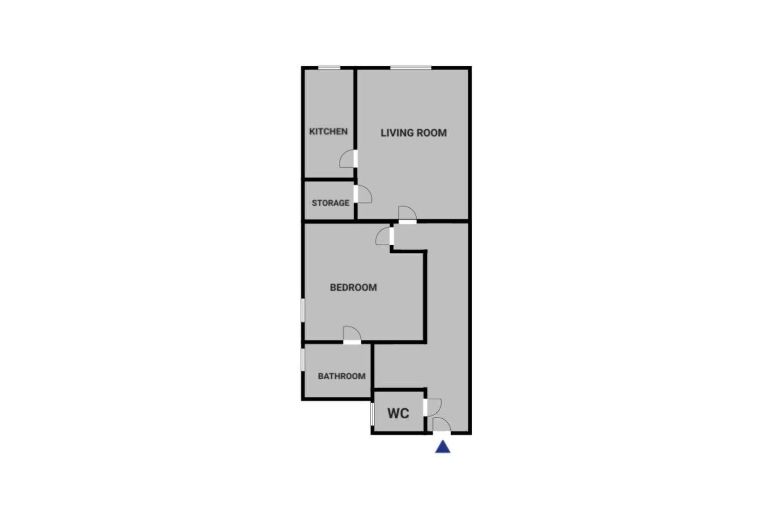 Grundriss der Wohnung mit Küche, Wohnzimmer, Schlafzimmer, Bad und WC.